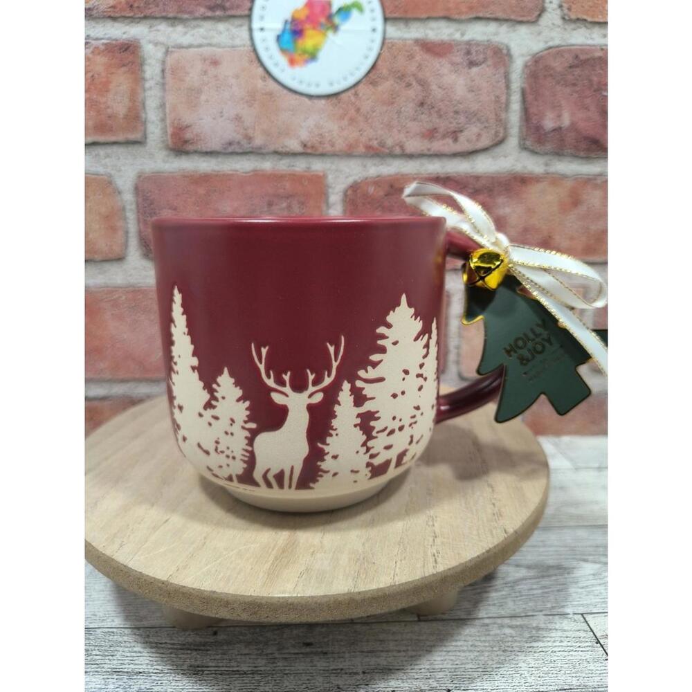 Holly & Joy By Market Finds Burgundy Coffee Mug Woodland Stag Festive Mug NWT